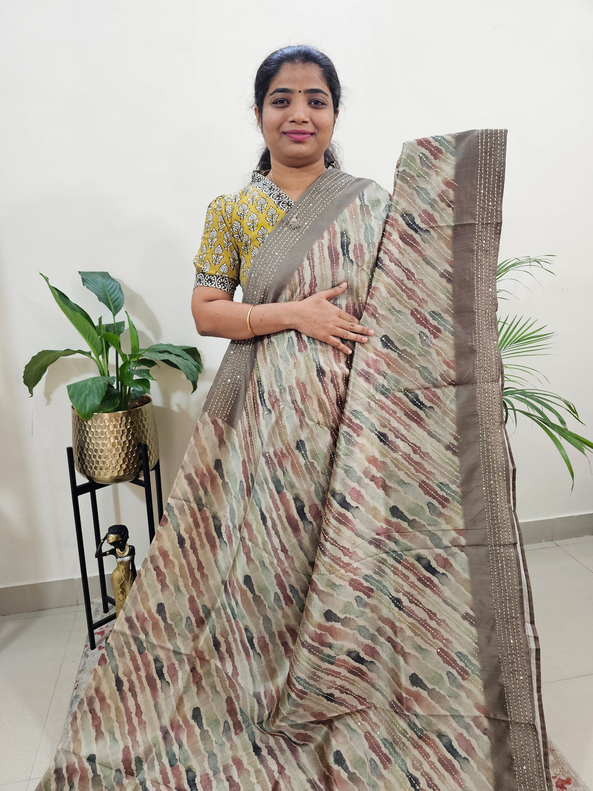 Semi Tussar with Kantha Emboridery Saree - Dark Beige