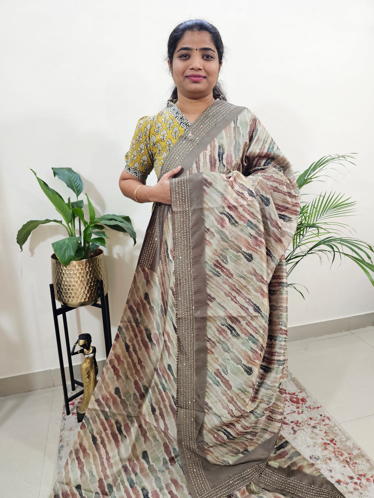 Semi Tussar with Kantha Emboridery Saree - Dark Beige