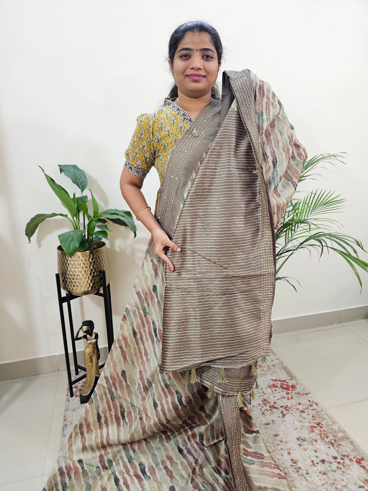 Semi Tussar with Kantha Emboridery Saree - Dark Beige