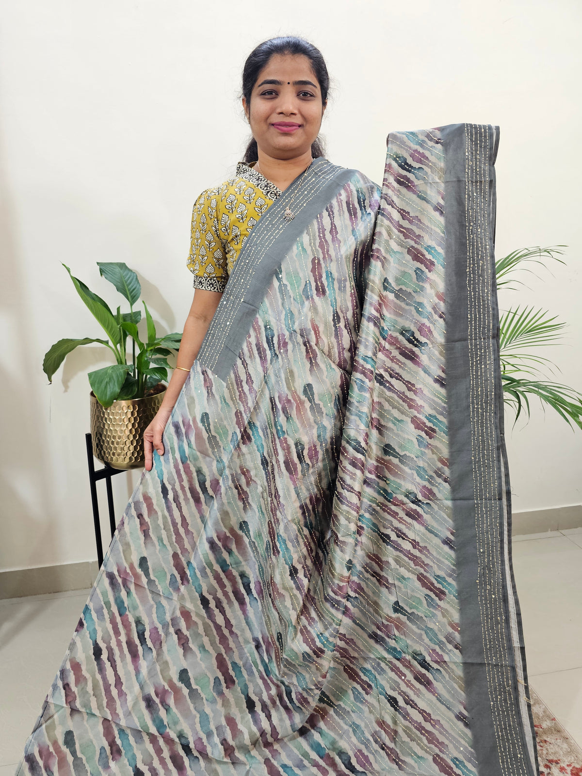 Semi Tussar with Kantha Emboridery Saree - Grey