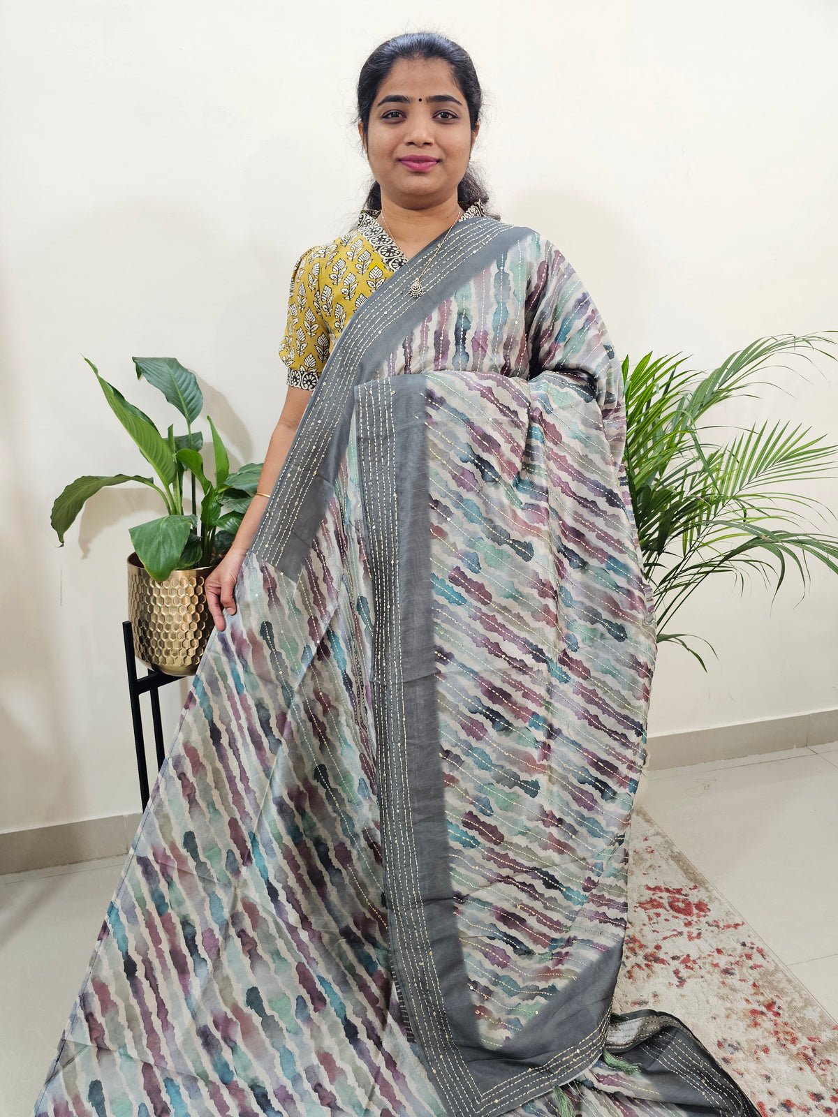 Semi Tussar with Kantha Emboridery Saree - Grey