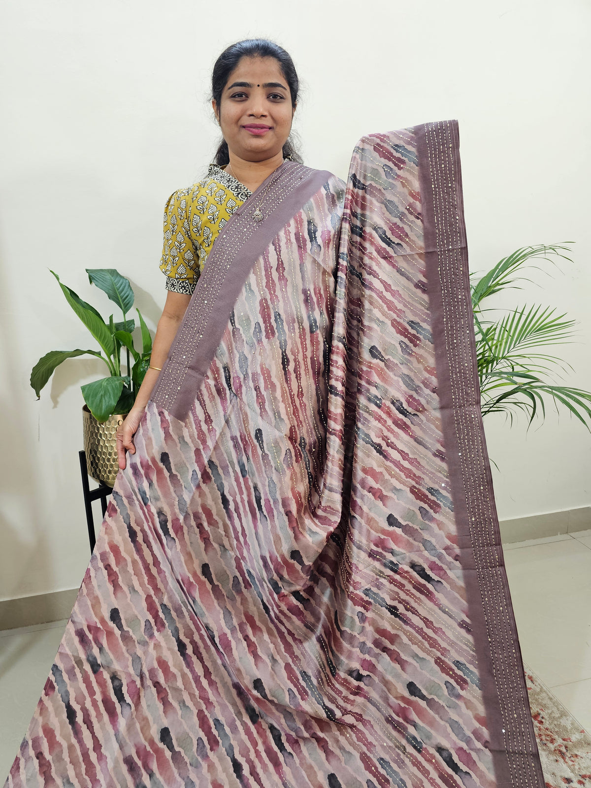 Semi Tussar with Kantha Emboridery Saree - Onion Pink