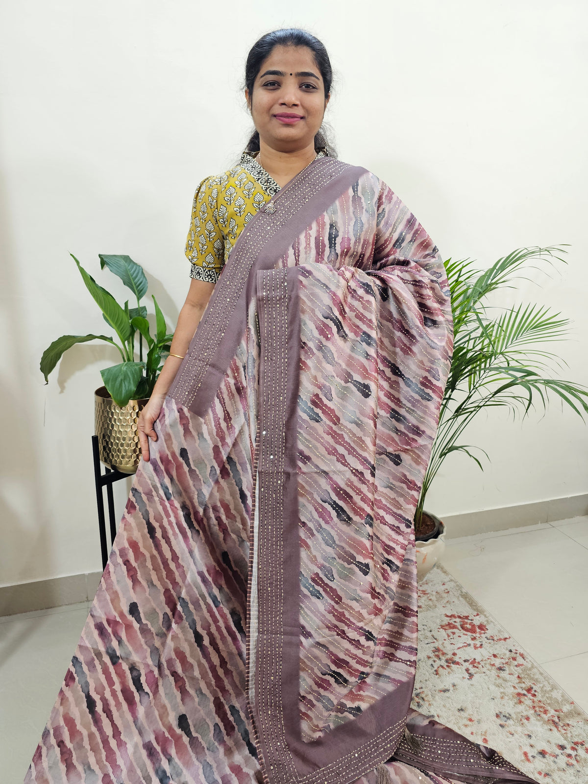 Semi Tussar with Kantha Emboridery Saree - Onion Pink