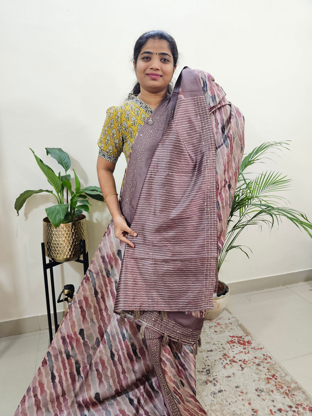 Semi Tussar with Kantha Emboridery Saree - Onion Pink