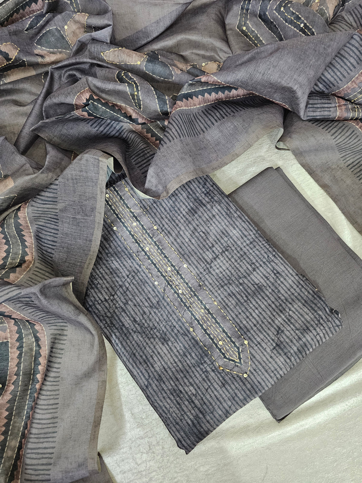 Chanderi with Kantha Unstitched Salwar Suit  - Grey