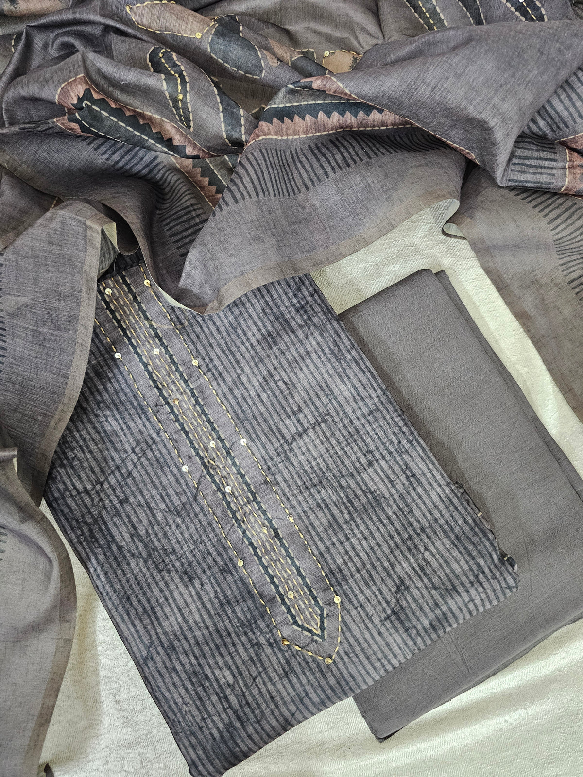 Chanderi with Kantha Unstitched Salwar Suit  - Grey