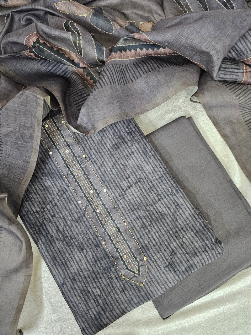 Chanderi with Kantha Unstitched Salwar Suit  - Grey