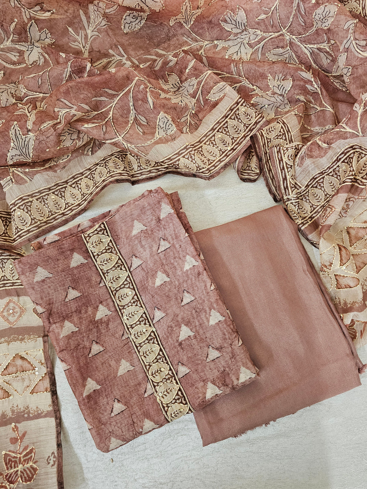 Chanderi with Kantha Unstitched Salwar Suit  - Onion Pink