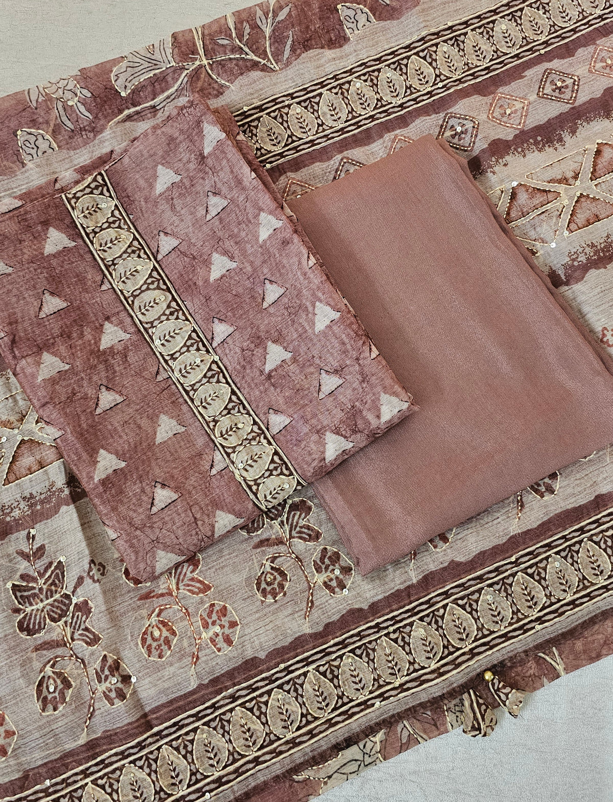 Chanderi with Kantha Unstitched Salwar Suit  - Onion Pink