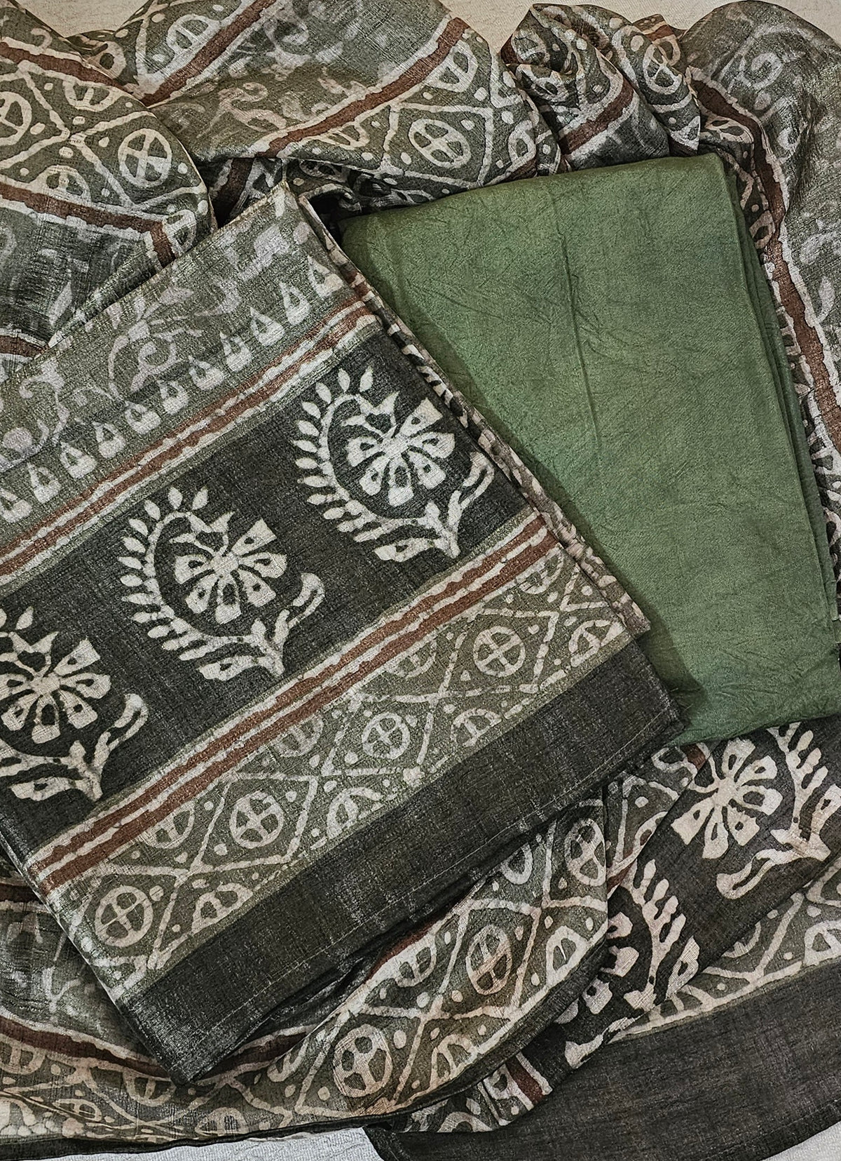 Soft Raw Silk with Batik Prints Unstitched Salwar Suit  - Green