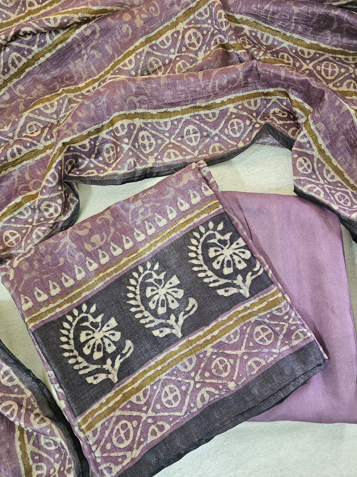 Soft Raw Silk with Batik Prints Unstitched Salwar Suit  - Purple