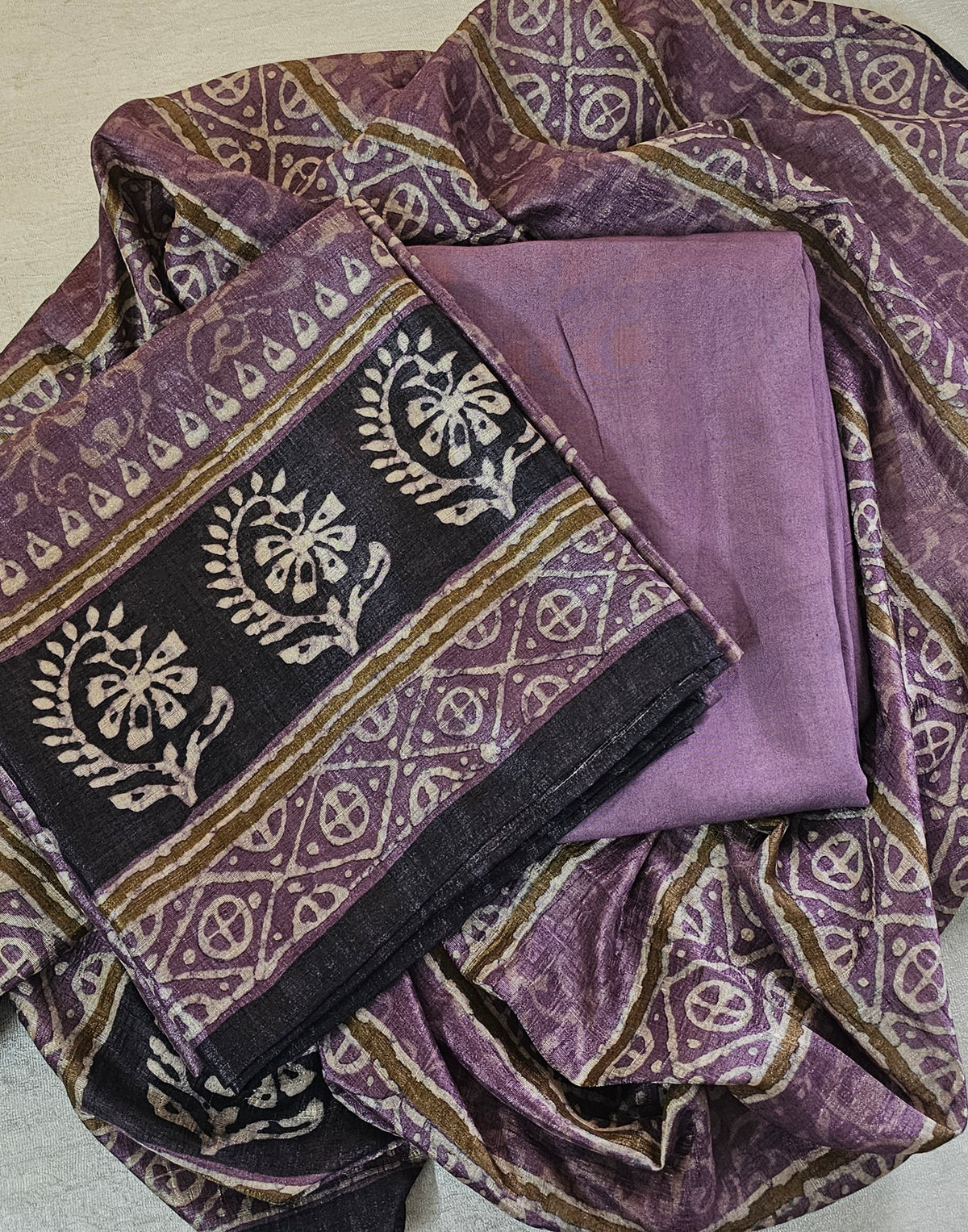 Soft Raw Silk with Batik Prints Unstitched Salwar Suit  - Purple