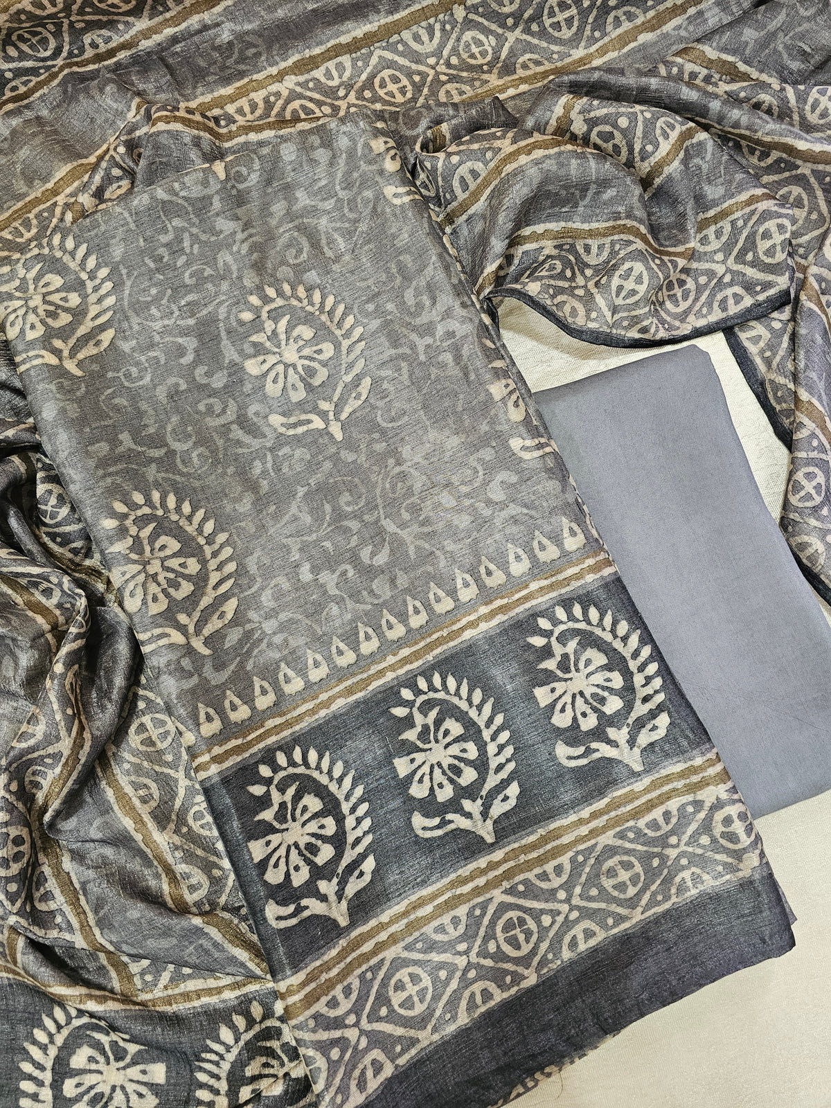 Soft Raw Silk with Batik Prints Unstitched Salwar Suit  - Grey