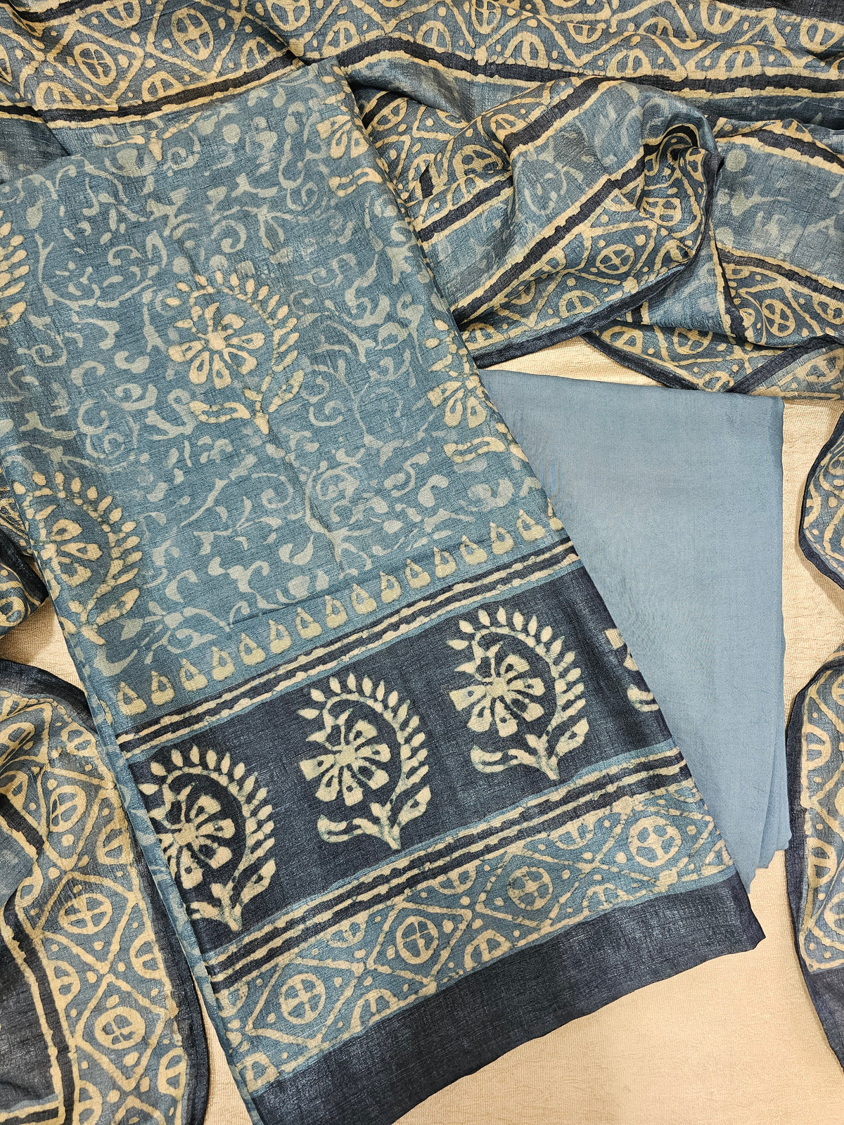 Soft Raw Silk with Batik Prints Unstitched Salwar Suit  - Blue