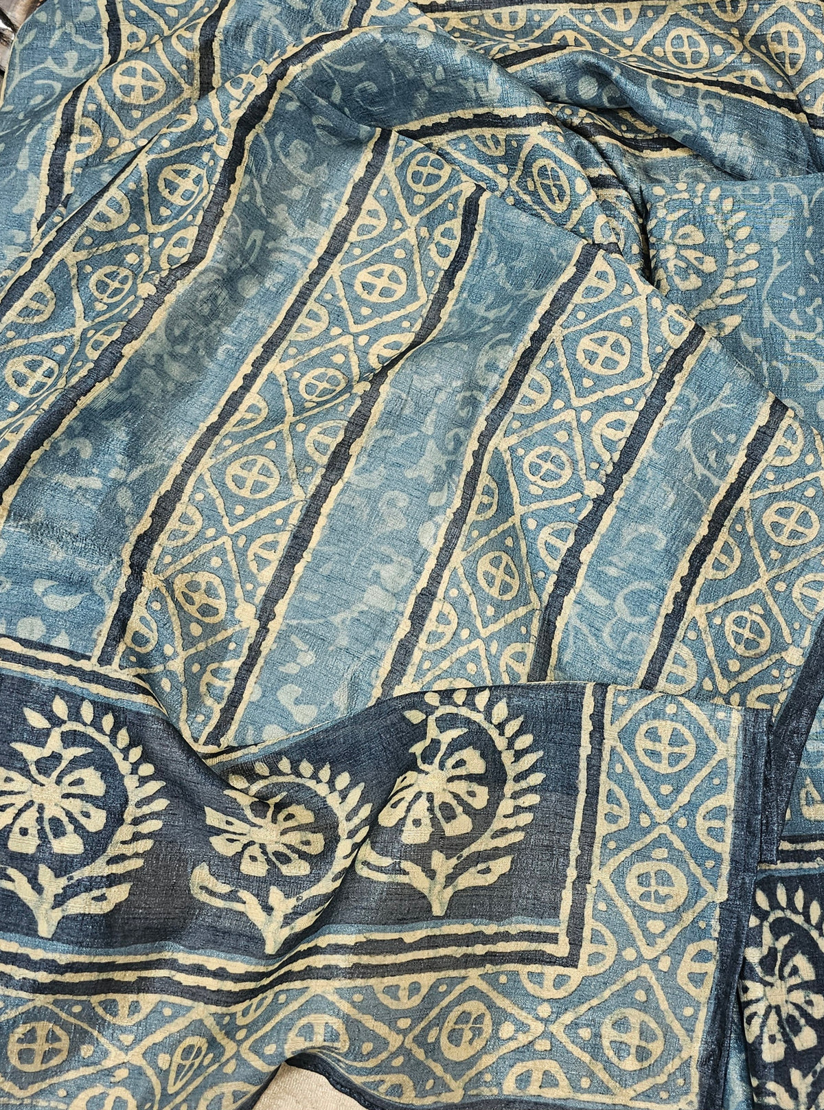 Soft Raw Silk with Batik Prints Unstitched Salwar Suit  - Blue