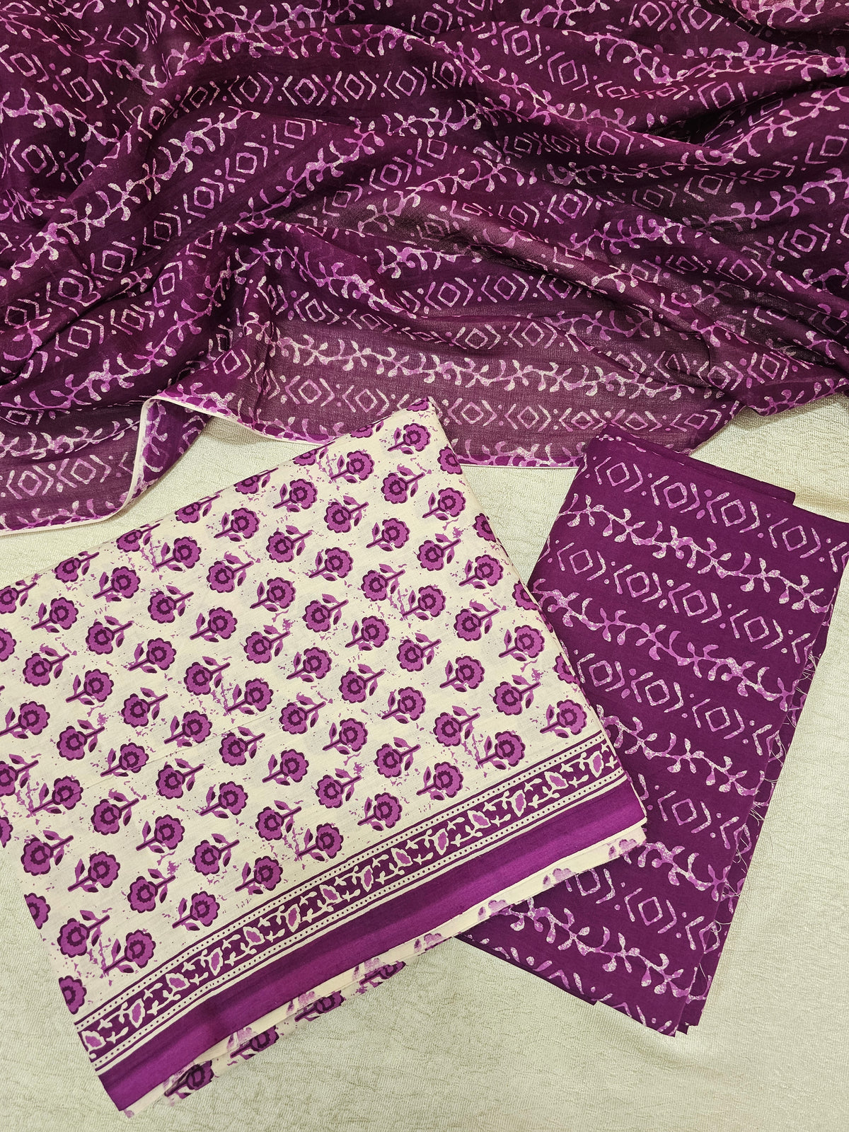 Mul Cotton Hand Block Printed Unstitched Suit - Off-white witj Purple