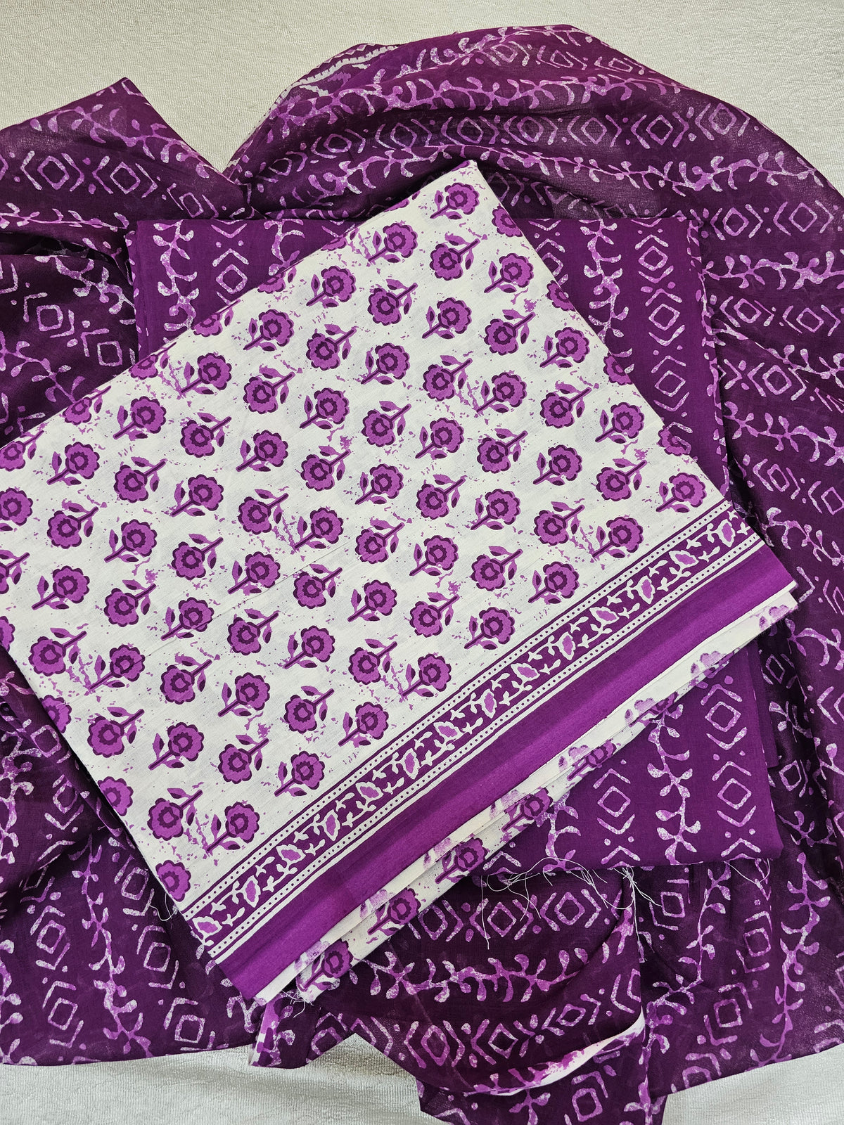 Mul Cotton Hand Block Printed Unstitched Suit - Off-white witj Purple