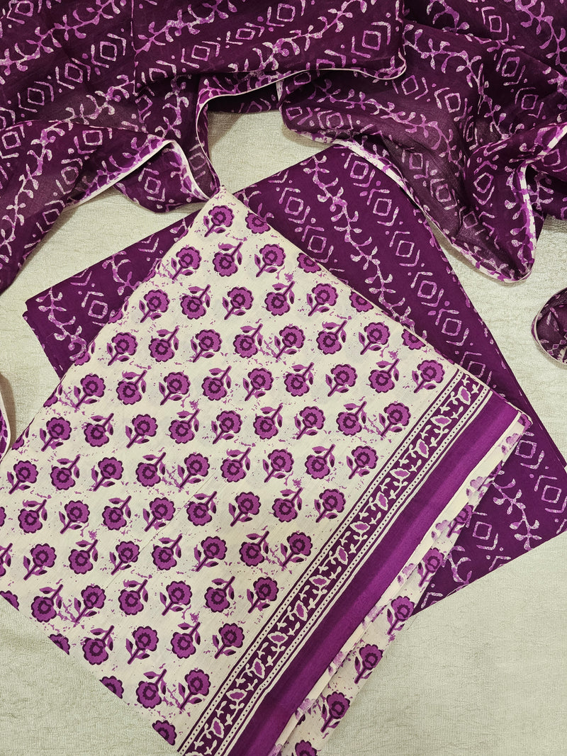 Mul Cotton Hand Block Printed Unstitched Suit - Off-white witj Purple