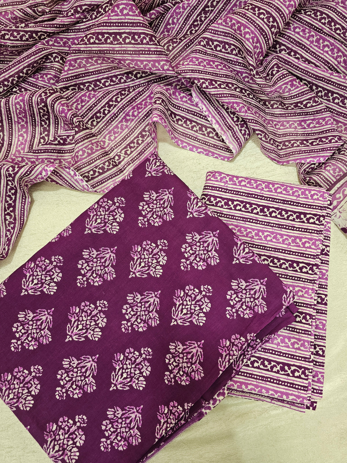 Mul Cotton Hand Block Printed Unstitched Suit -  Purple