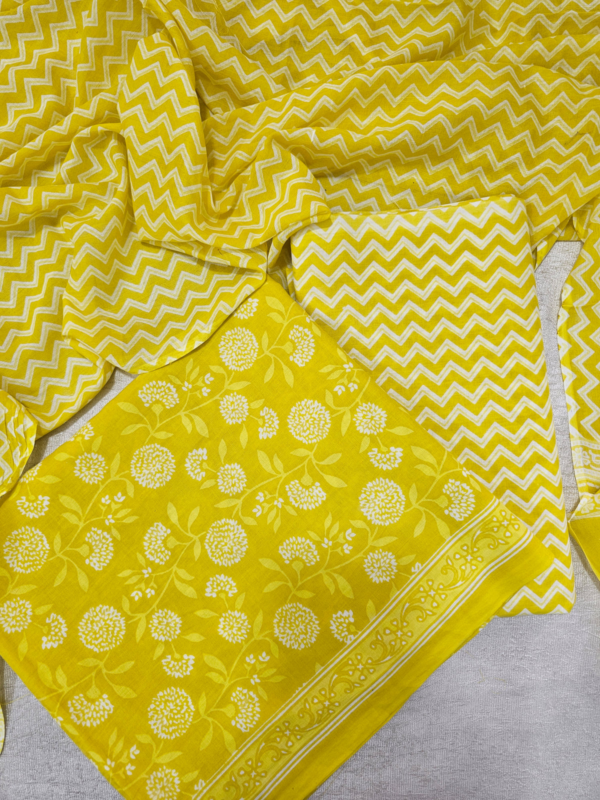 Mul Cotton Hand Block Printed Unstitched Suit - Yellow