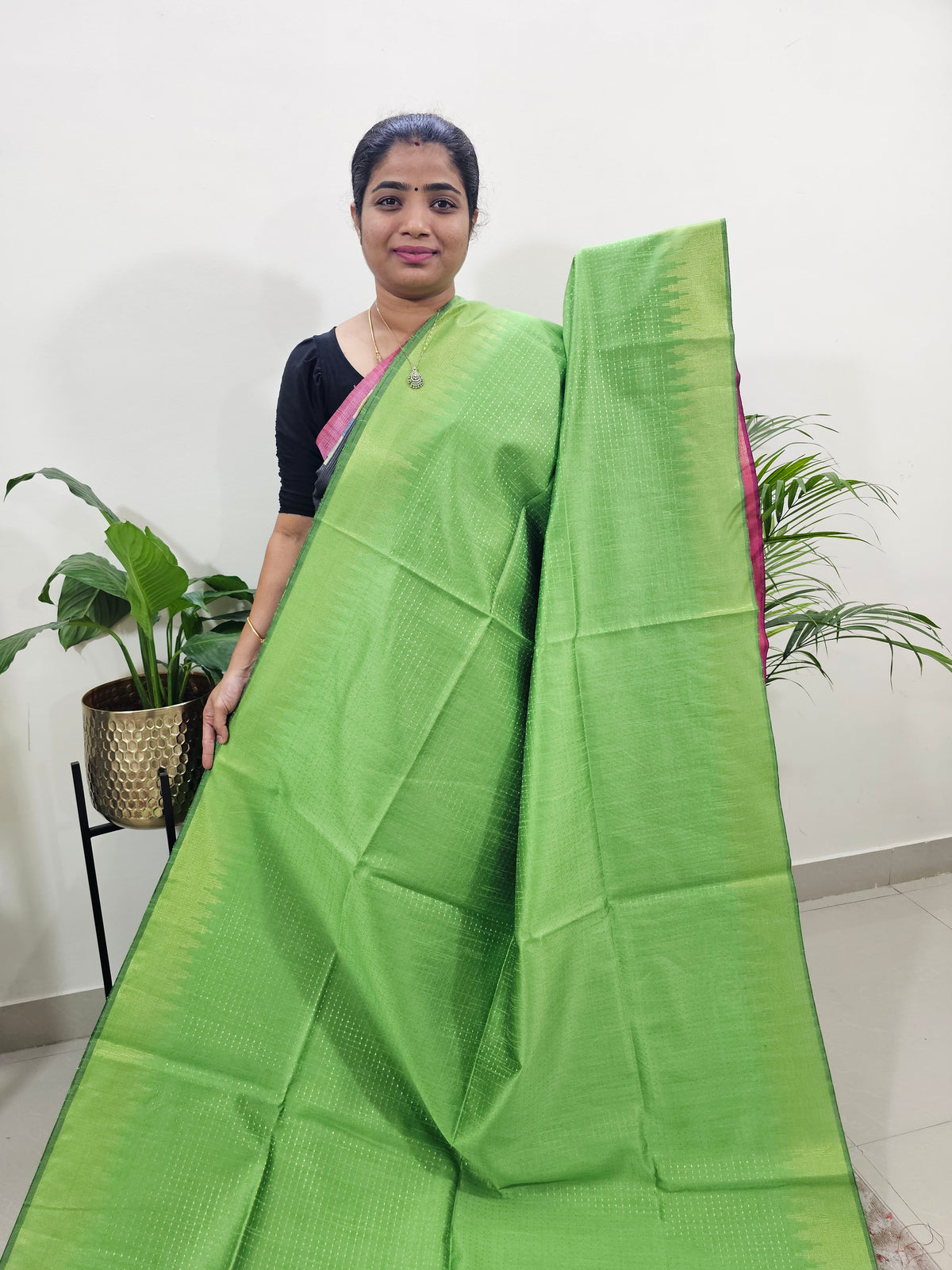 Premium Semi Raw Silk Saree - Green with Pink