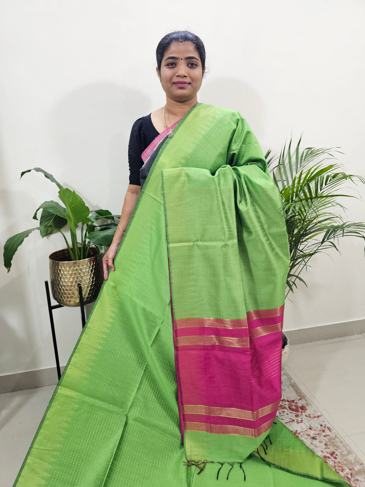 Premium Semi Raw Silk Saree - Green with Pink