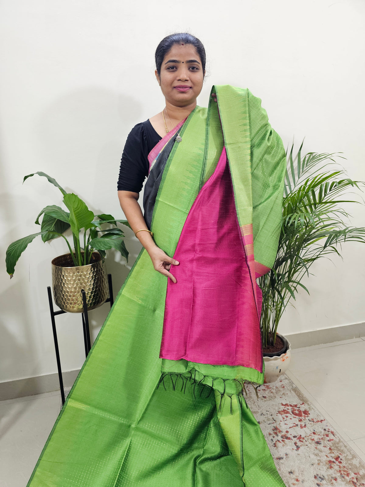 Premium Semi Raw Silk Saree - Green with Pink