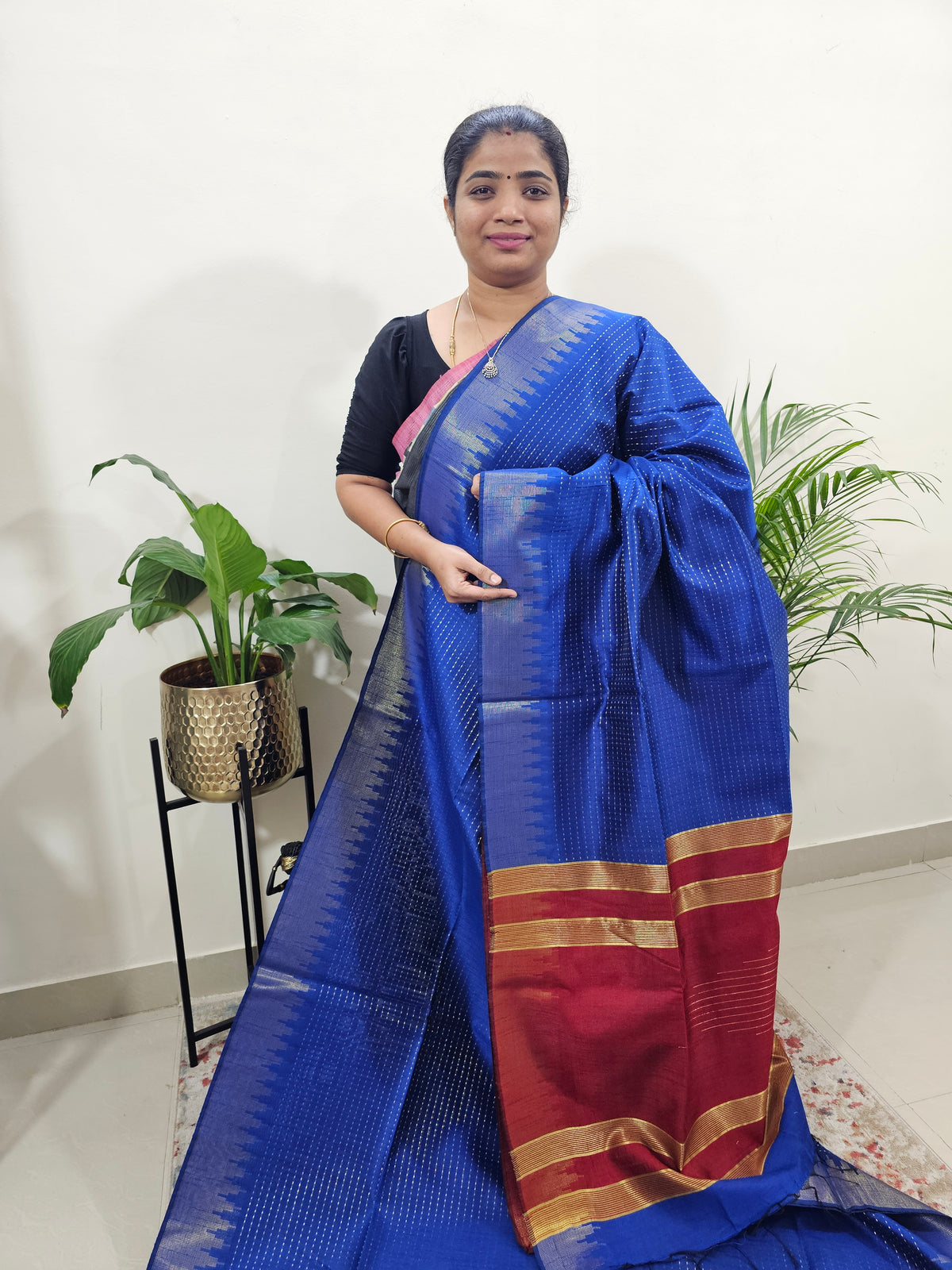 Premium Semi Raw Silk Saree -Royal Blue with Red