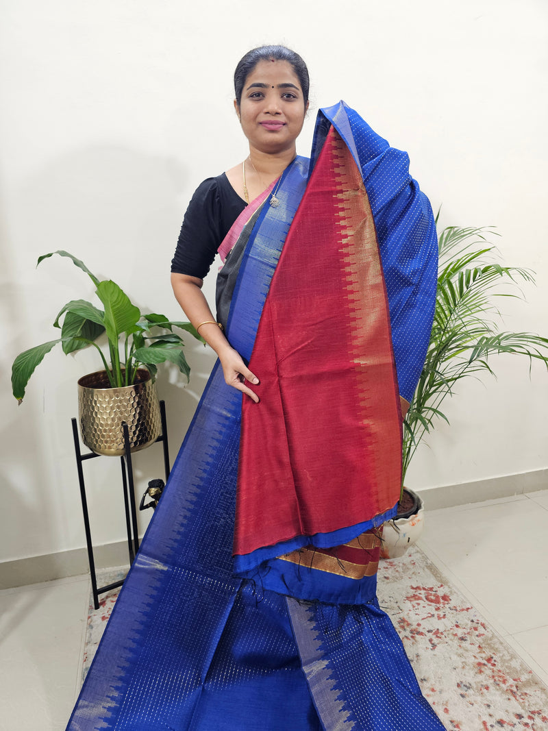 Premium Semi Raw Silk Saree -Royal Blue with Red