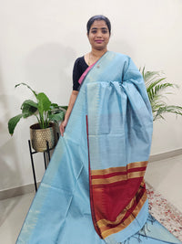 Premium Semi Raw Silk Saree - Blue with Red