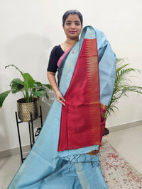 Premium Semi Raw Silk Saree - Blue with Red