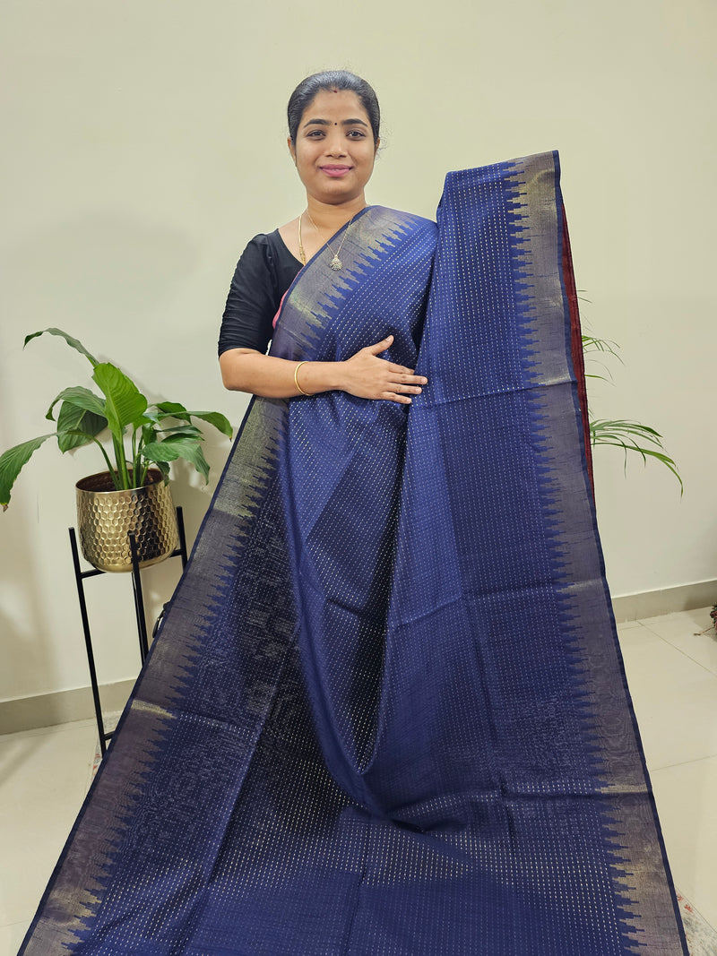 Premium Semi Raw Silk Saree - Navy Blue with Red