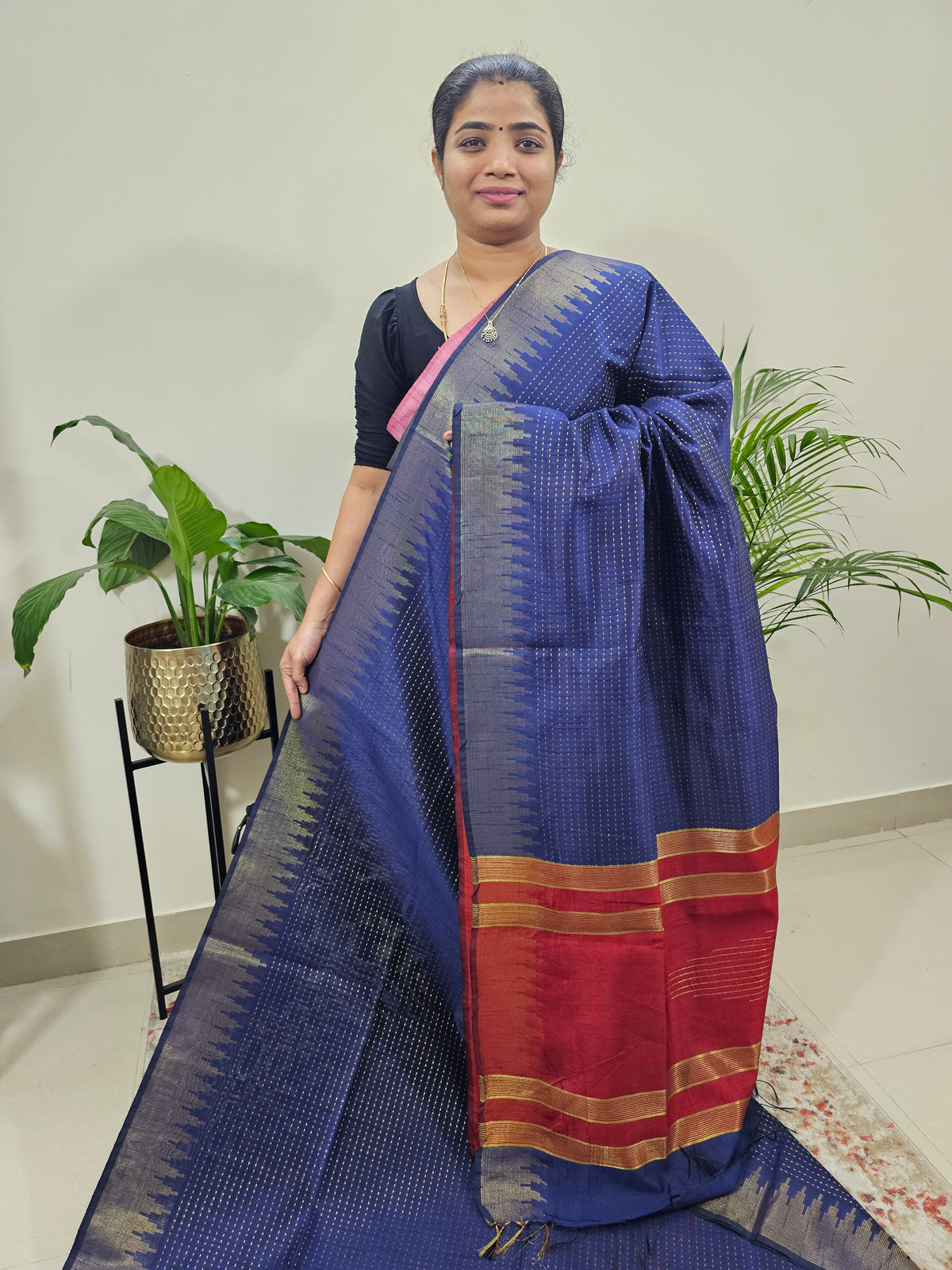 Premium Semi Raw Silk Saree - Navy Blue with Red