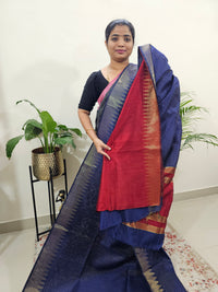 Premium Semi Raw Silk Saree - Navy Blue with Red