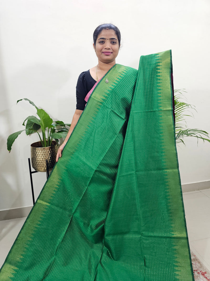 Premium Semi Raw Silk Saree - Dark Green with Pink