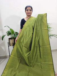 Premium Semi Raw Silk Saree - Green with Red