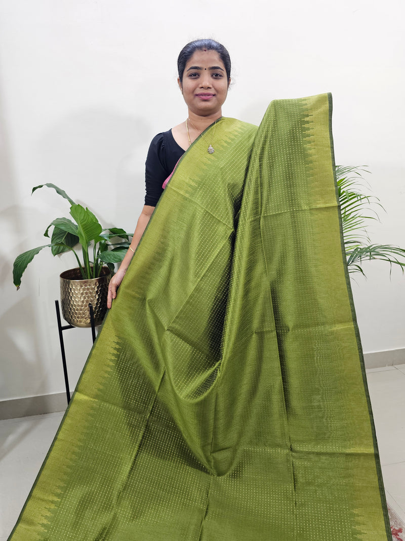 Premium Semi Raw Silk Saree - Green with Red