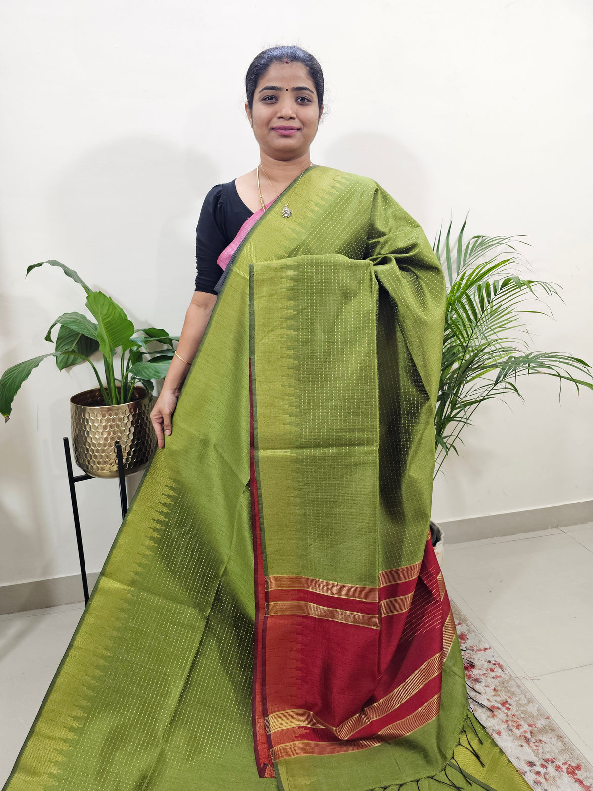 Premium Semi Raw Silk Saree - Green with Red