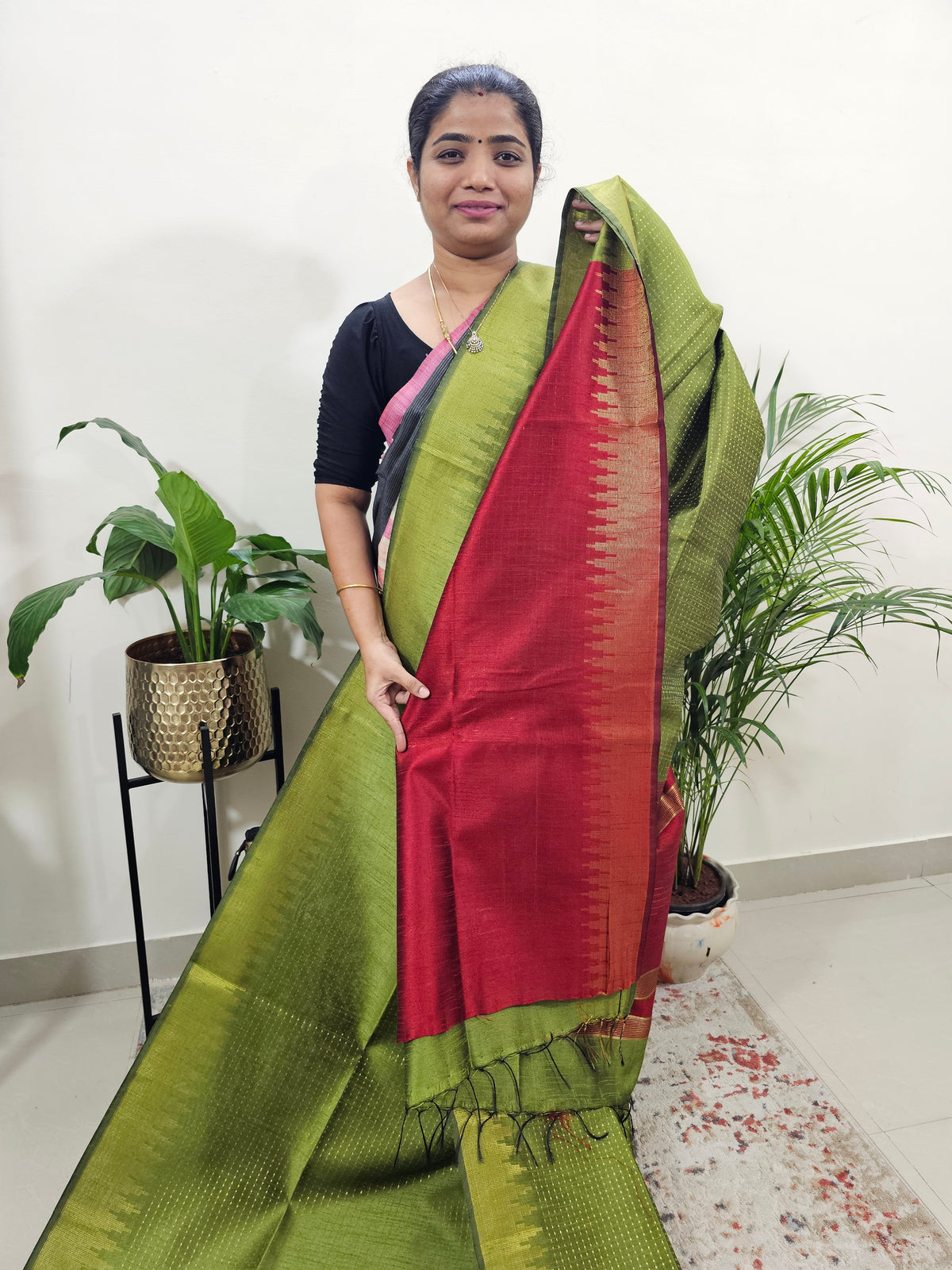 Premium Semi Raw Silk Saree - Green with Red