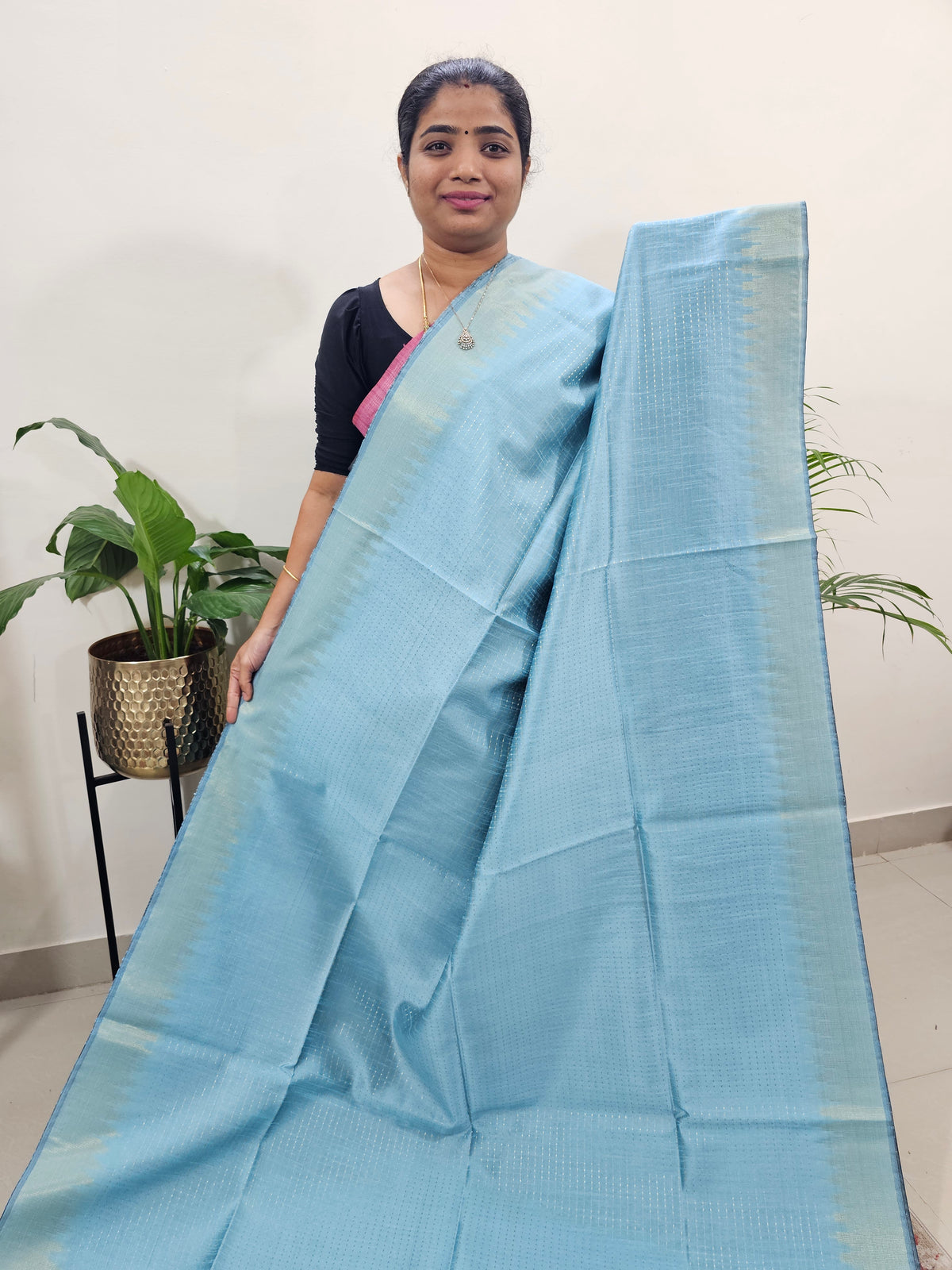 Premium Semi Raw Silk Saree -  Blue with Black