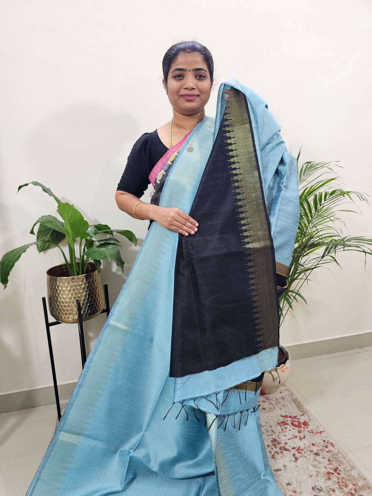 Premium Semi Raw Silk Saree -  Blue with Black