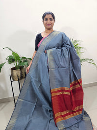 Premium Semi Raw Silk Saree - Grey with Red