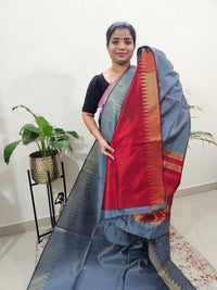 Premium Semi Raw Silk Saree - Grey with Red