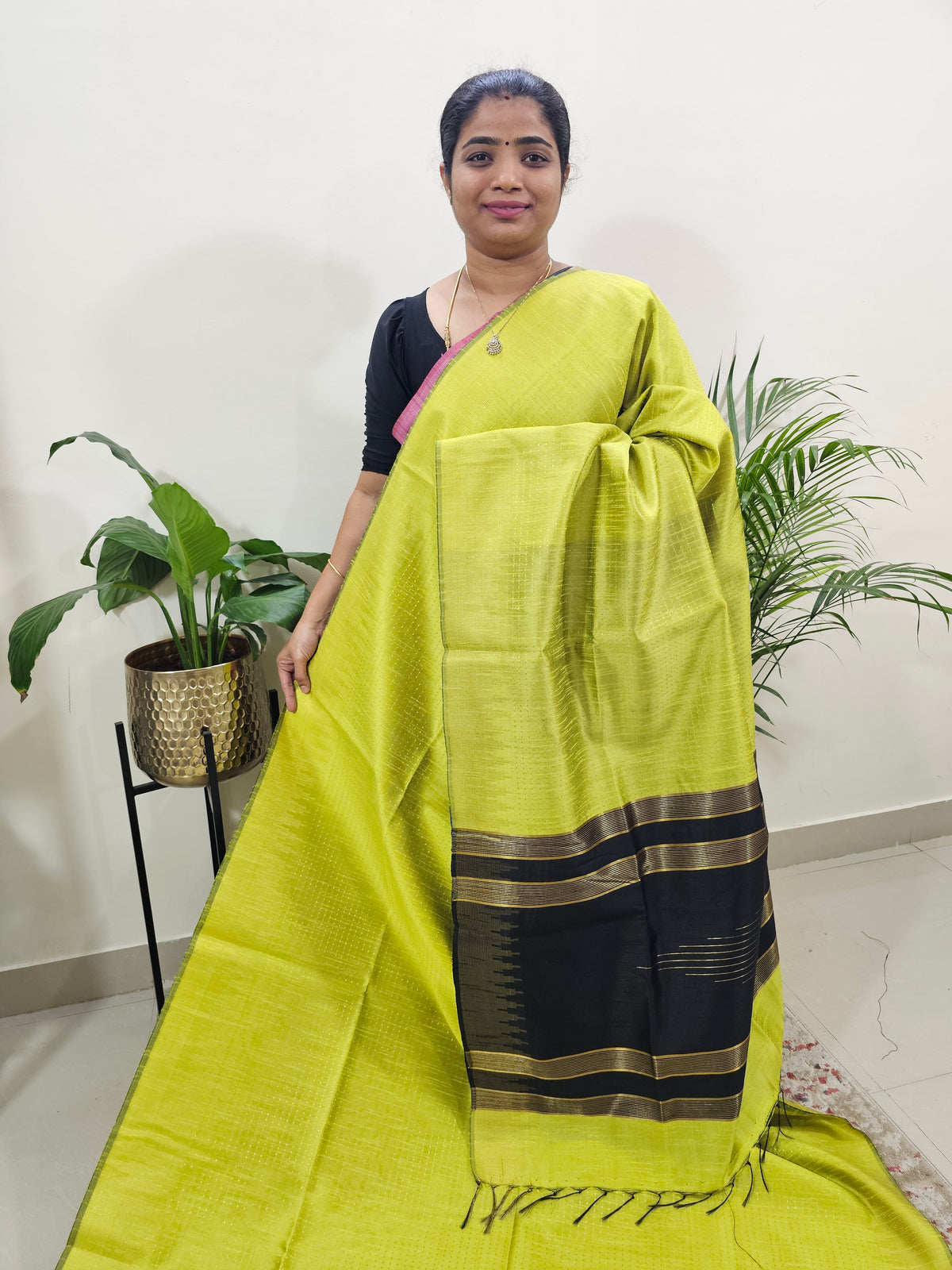 Premium Semi Raw Silk Saree - Lime Yellow with Black