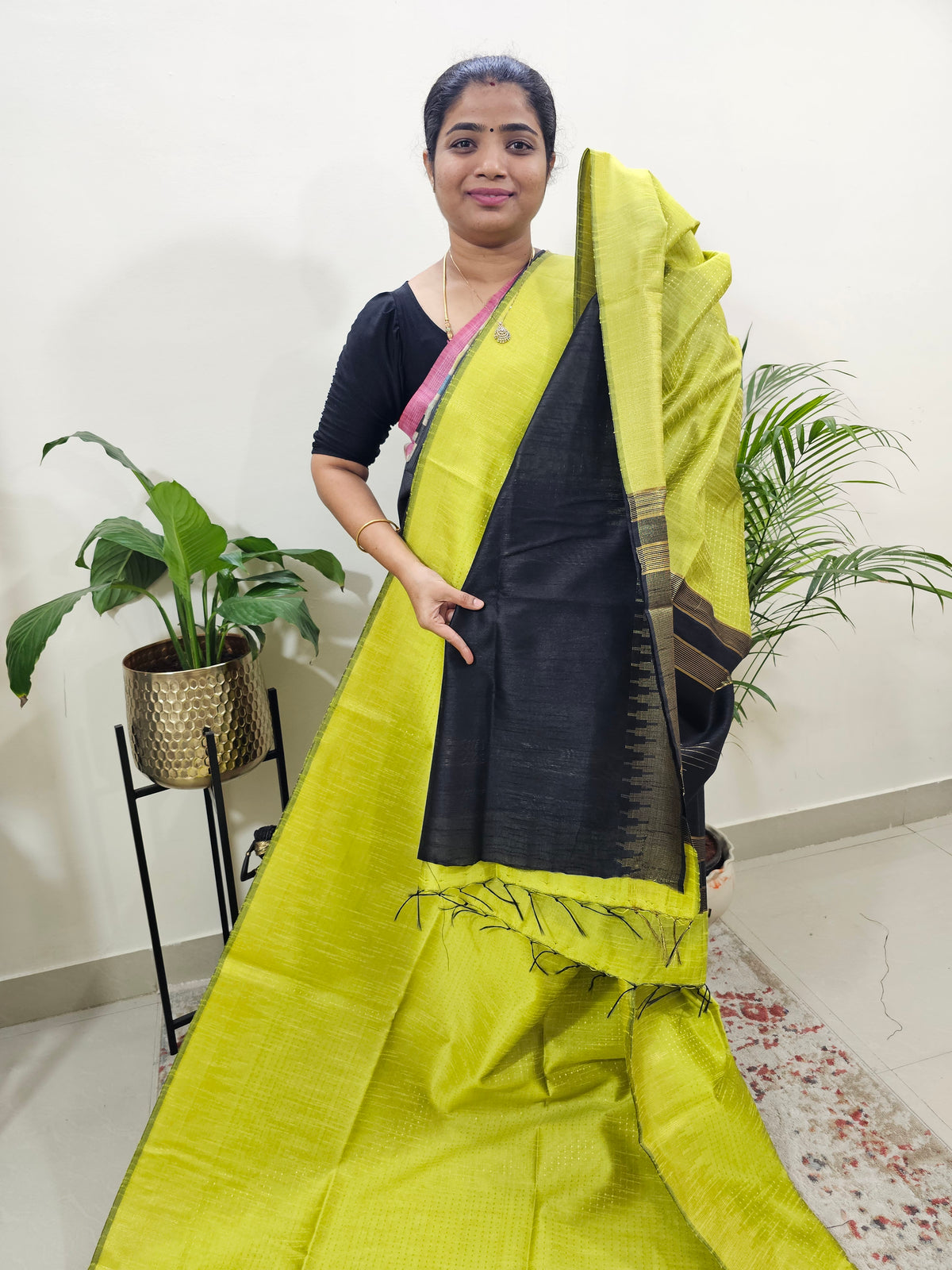 Premium Semi Raw Silk Saree - Lime Yellow with Black