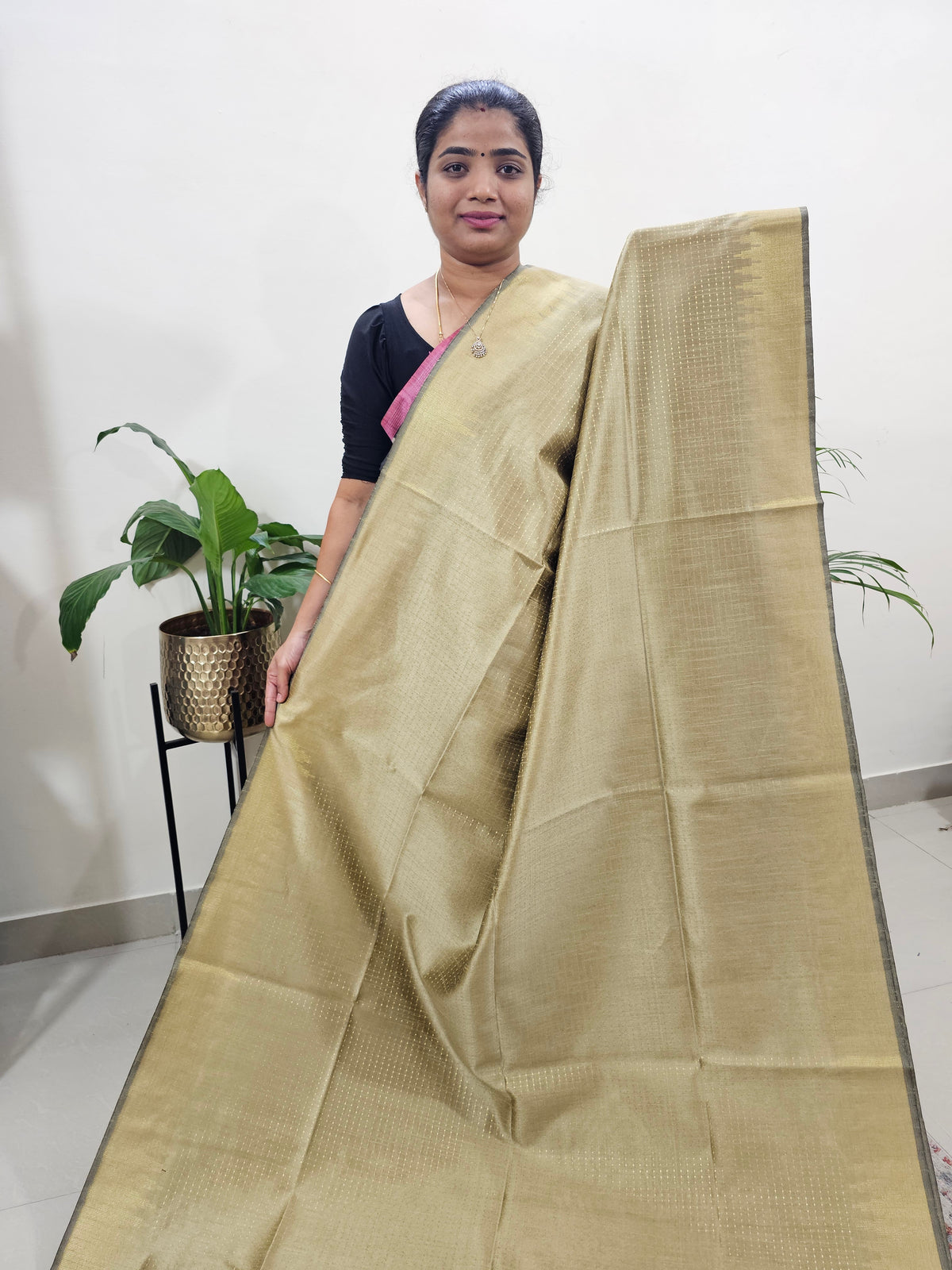 Premium Semi Raw Silk Saree - Beige with Pink