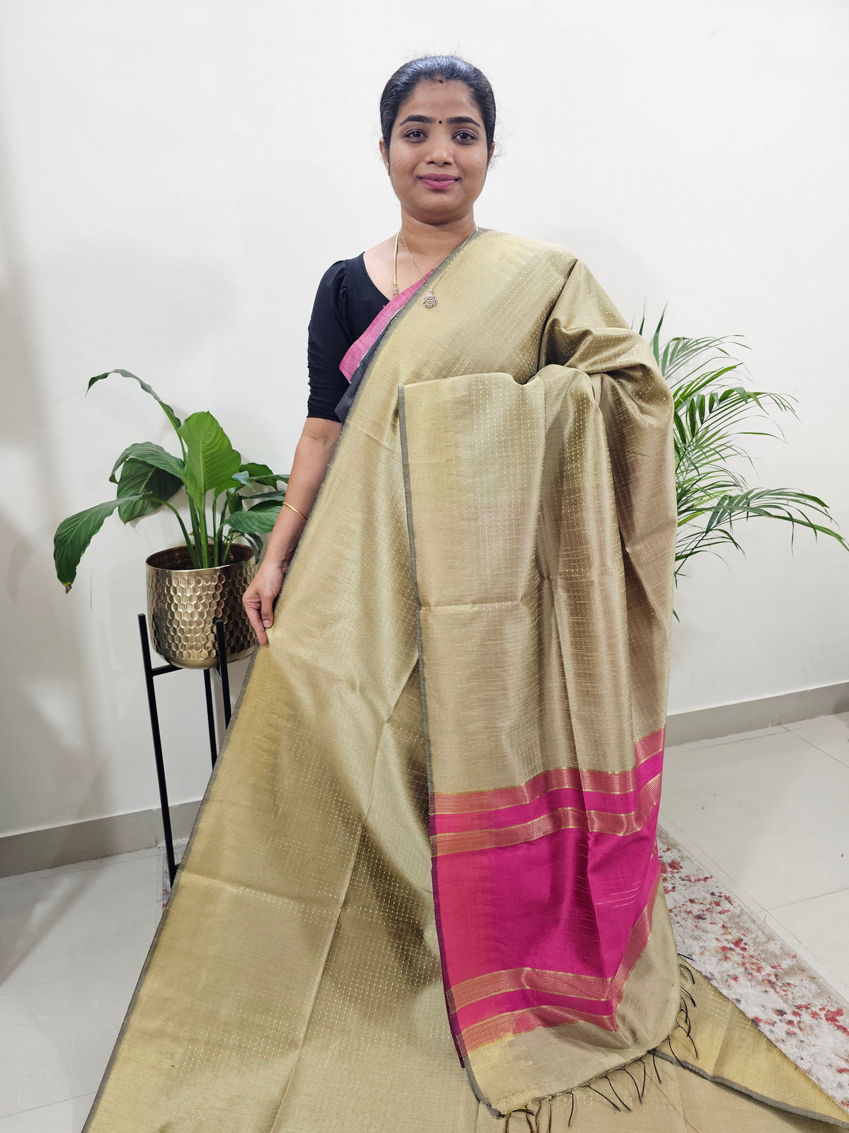 Premium Semi Raw Silk Saree - Beige with Pink