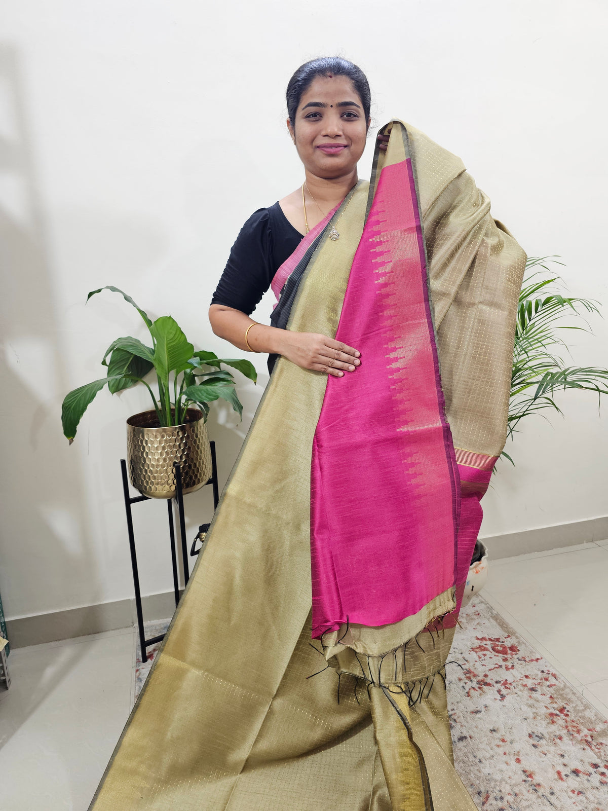 Premium Semi Raw Silk Saree - Beige with Pink