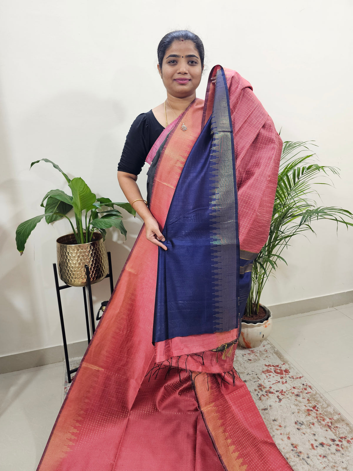 Premium Semi Raw Silk Saree - Peach with Blue