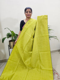 Premium Semi Raw Silk Saree - Lime Yellow with Red